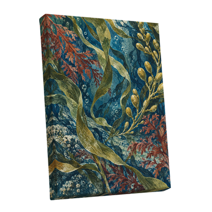 Tidal Tangle, blue, green, gold nature wall art shown as a stretched canvas wall art