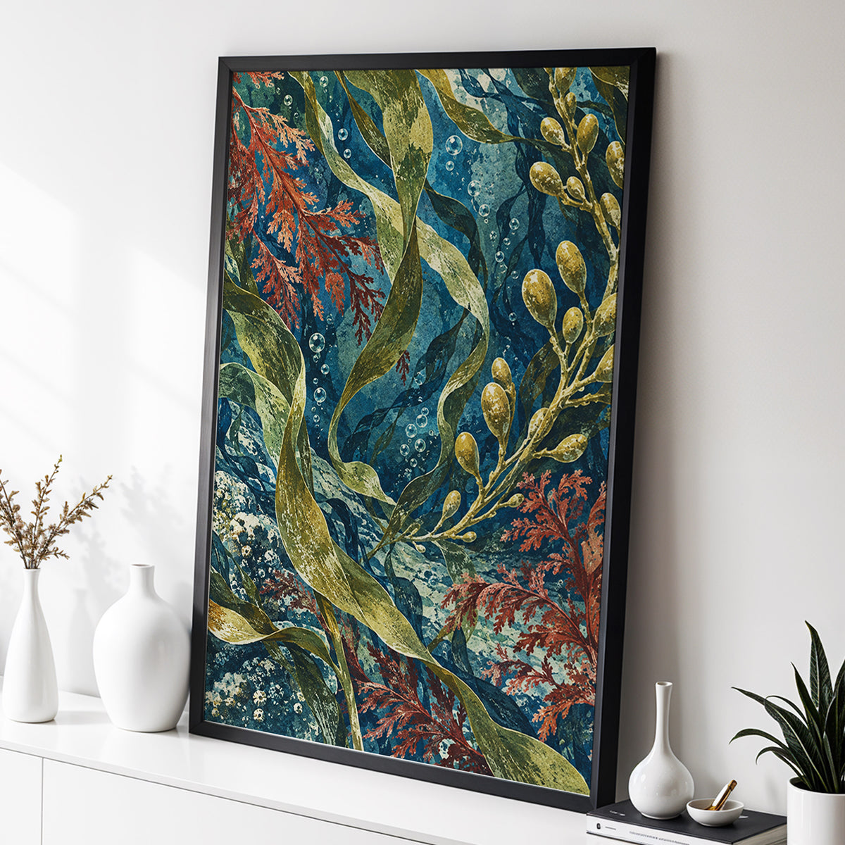 Tidal Tangle, blue, green, gold nature wall art displayed in a styled interior, gallery view 2