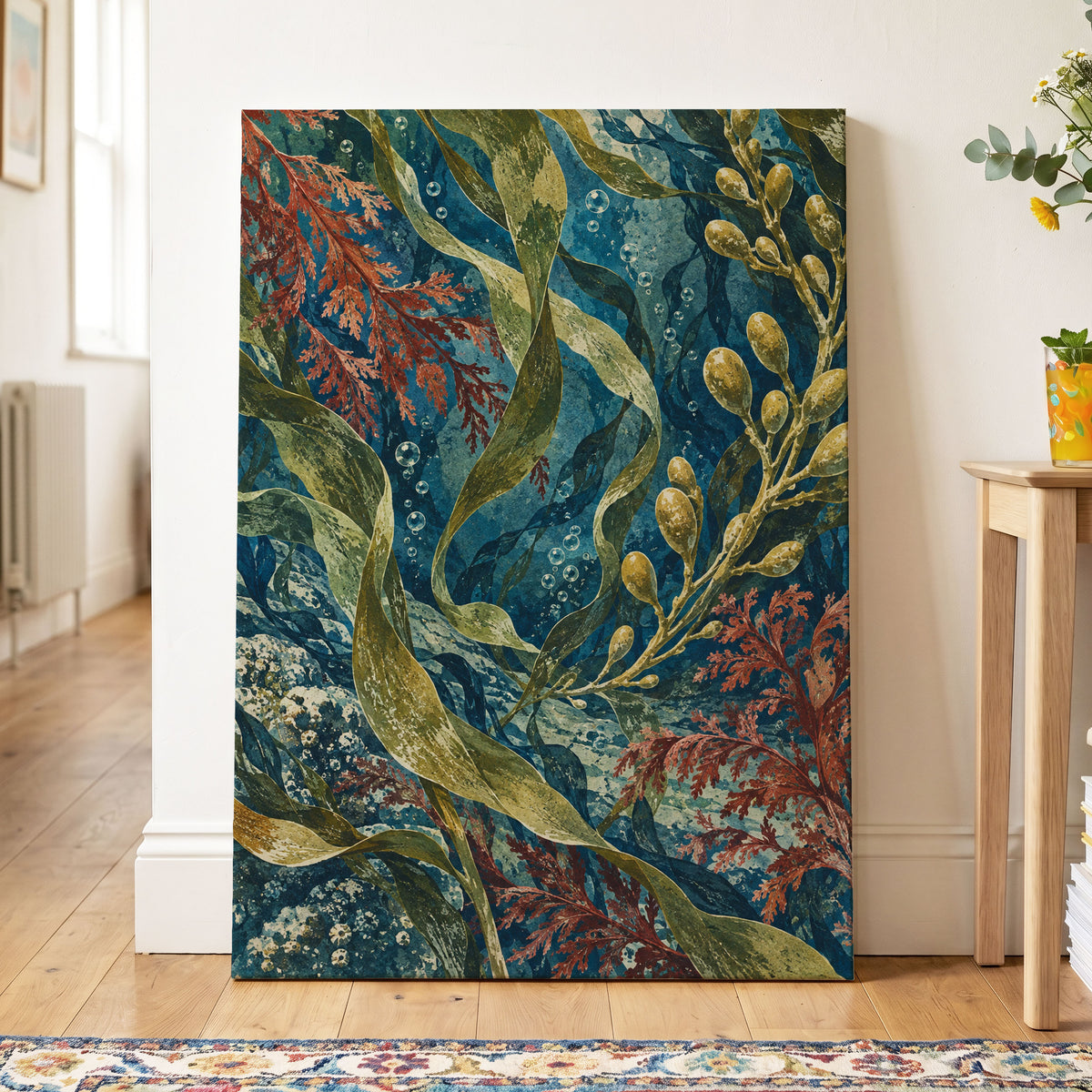 Tidal Tangle, blue, green, gold nature wall art displayed in a styled interior, gallery view 3