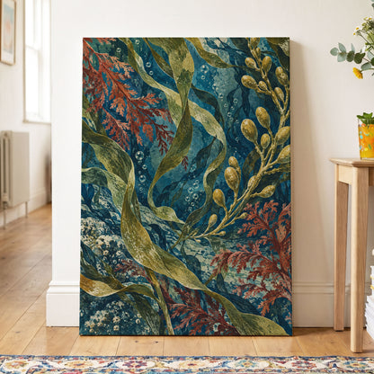 Tidal Tangle, blue, green, gold nature wall art displayed in a styled interior, gallery view 3