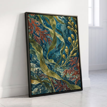 Tidal Tangle, blue, green, gold nature wall art displayed in a styled interior, gallery view 4