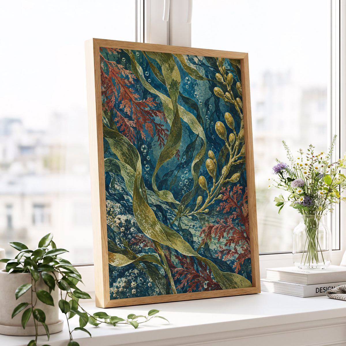 Tidal Tangle, blue, green, gold nature wall art displayed in a styled interior, gallery view 6