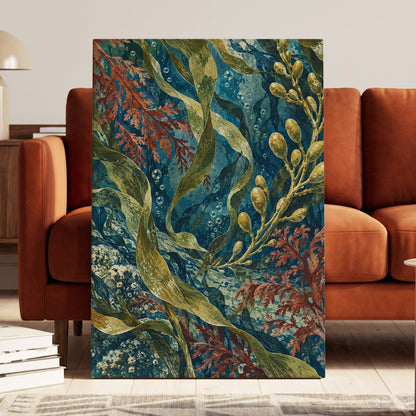 Tidal Tangle, blue, green, gold nature wall art displayed in a styled interior, gallery view 7