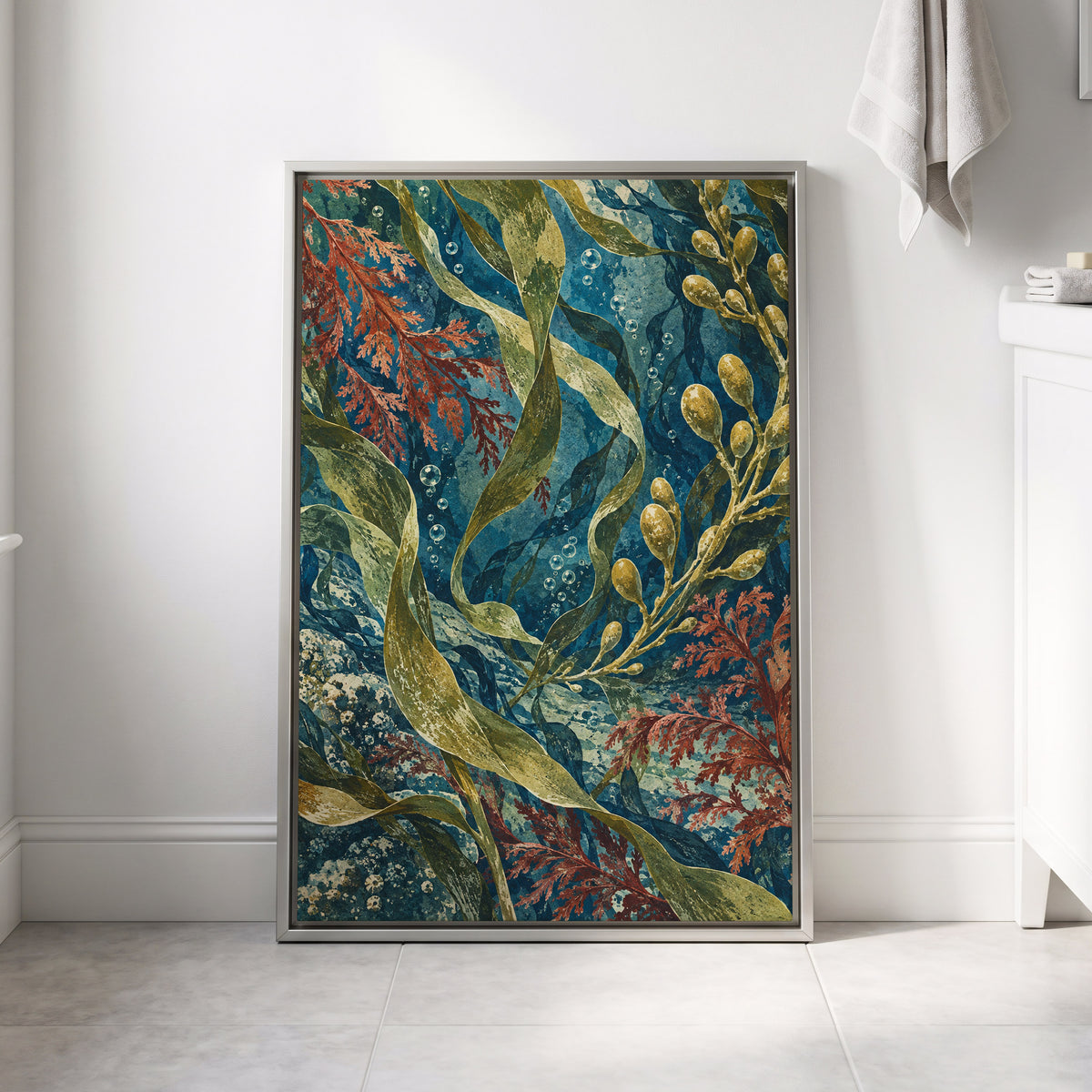 Tidal Tangle, blue, green, gold nature wall art displayed in a styled interior, gallery view 8
