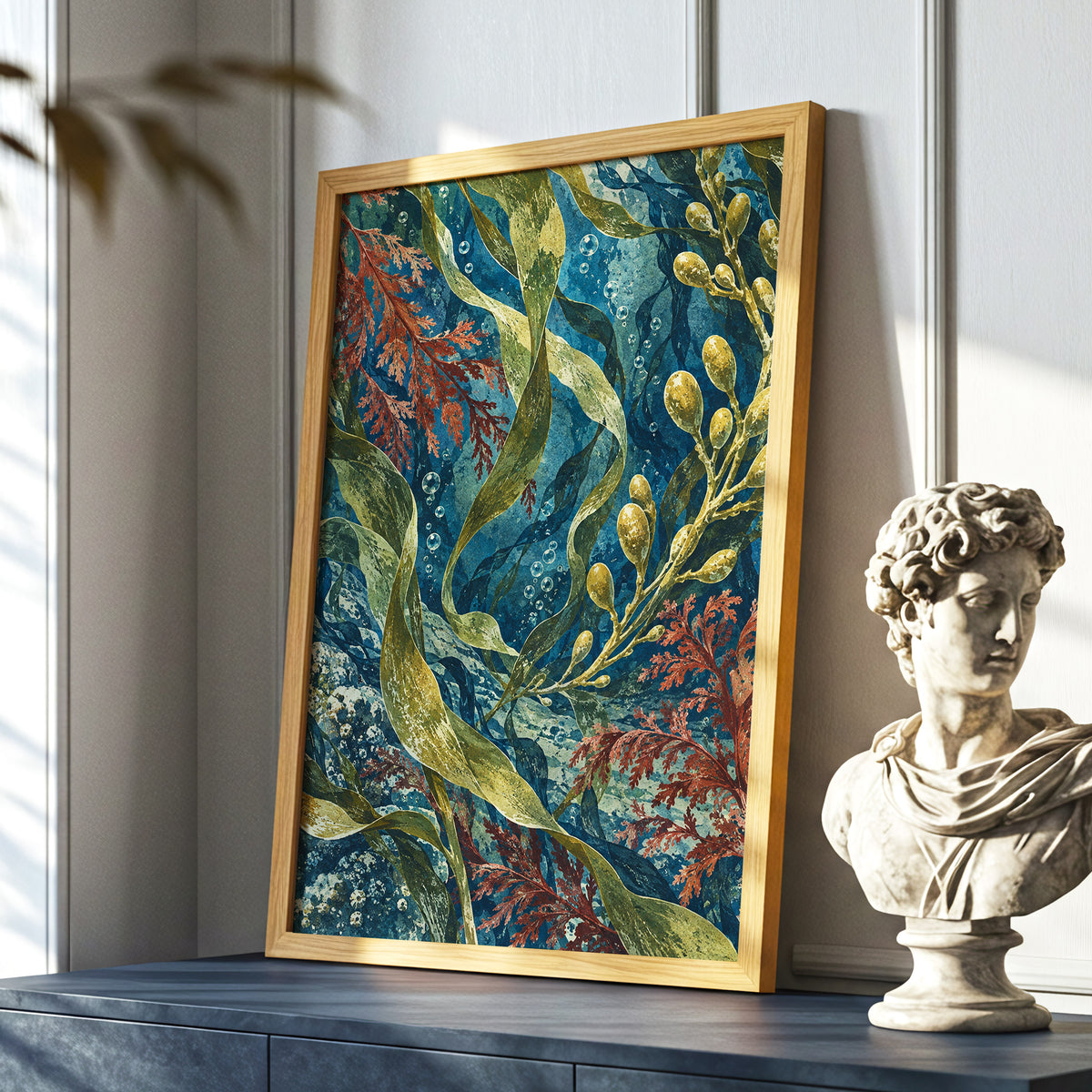 Tidal Tangle, blue, green, gold nature wall art displayed in a styled interior, gallery view 9