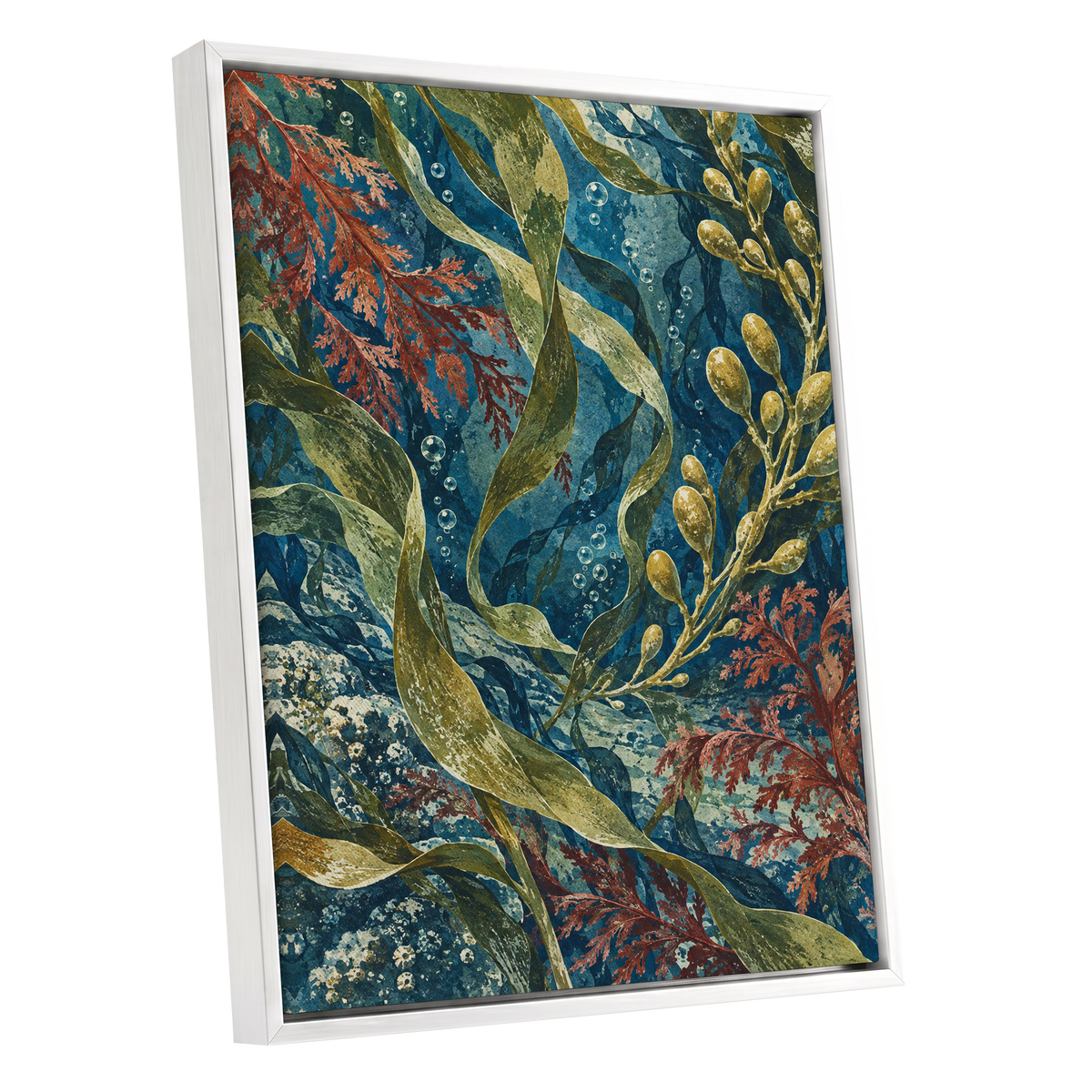 Tidal Tangle, blue, green, gold nature wall art shown as a white framed canvas wall art