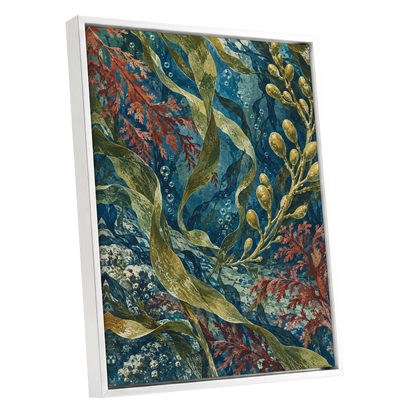 Tidal Tangle, blue, green, gold nature wall art shown as a white framed canvas wall art