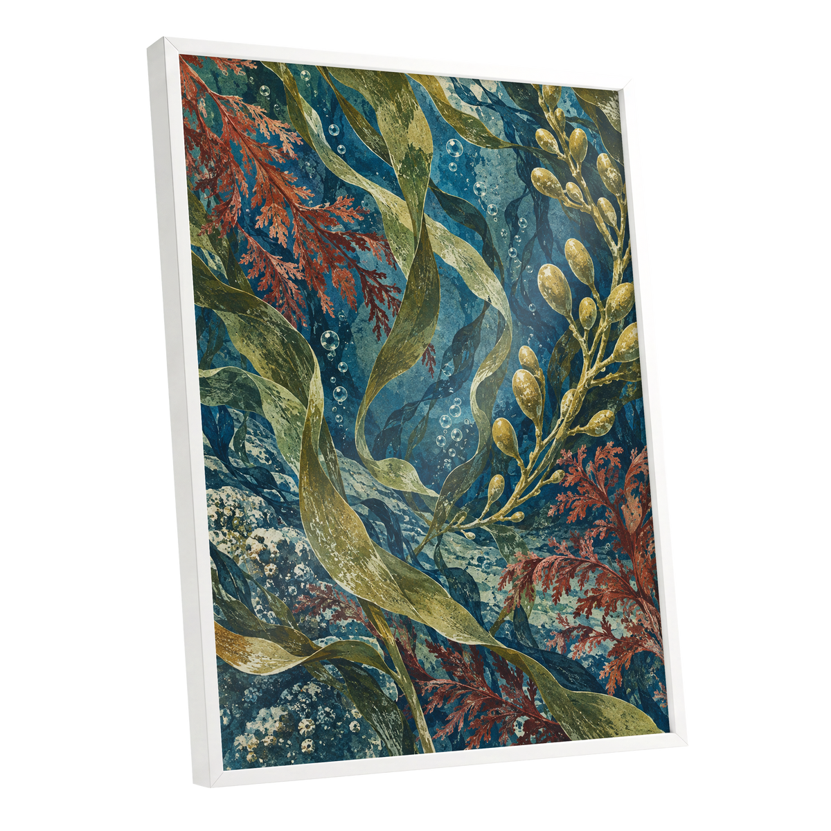Tidal Tangle, blue, green, gold nature wall art shown as a white framed poster wall art print