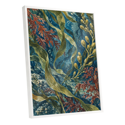 Tidal Tangle, blue, green, gold nature wall art shown as a white framed poster wall art print