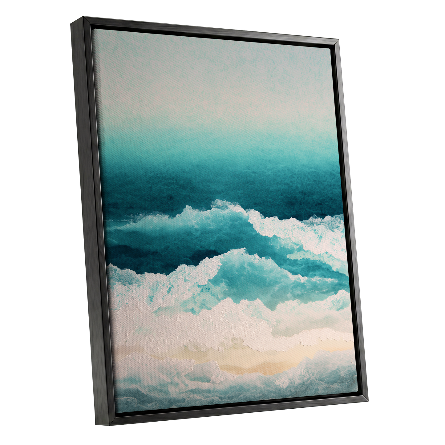 Tidal Veil, blue, green, white nature wall art shown as a black framed canvas wall art