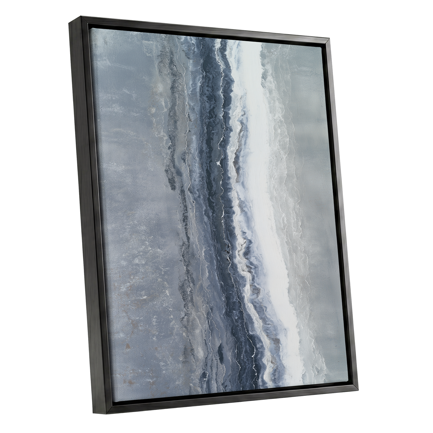Tidal Veil, blue, gray, white abstract wall art shown as a black framed canvas wall art
