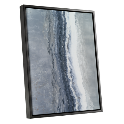 Tidal Veil, blue, gray, white abstract wall art shown as a black framed canvas wall art