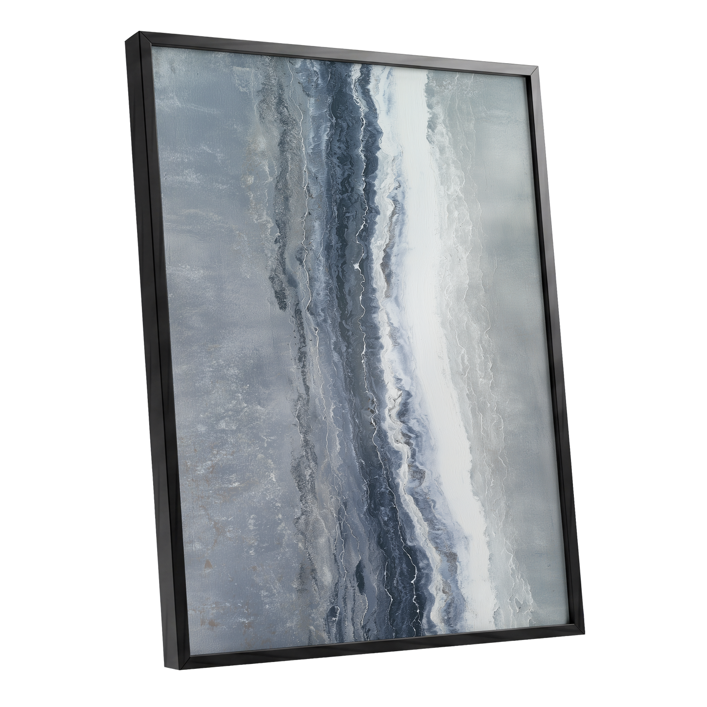 Tidal Veil, blue, gray, white abstract wall art shown as a black framed poster wall art print