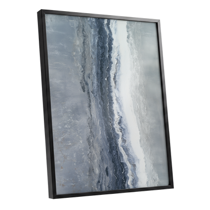 Tidal Veil, blue, gray, white abstract wall art shown as a black framed poster wall art print