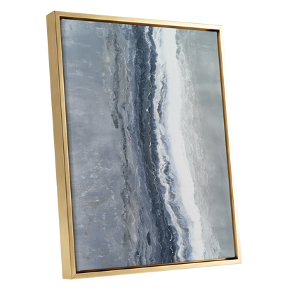 Tidal Veil, blue, gray, white abstract wall art shown as a gold framed canvas wall art