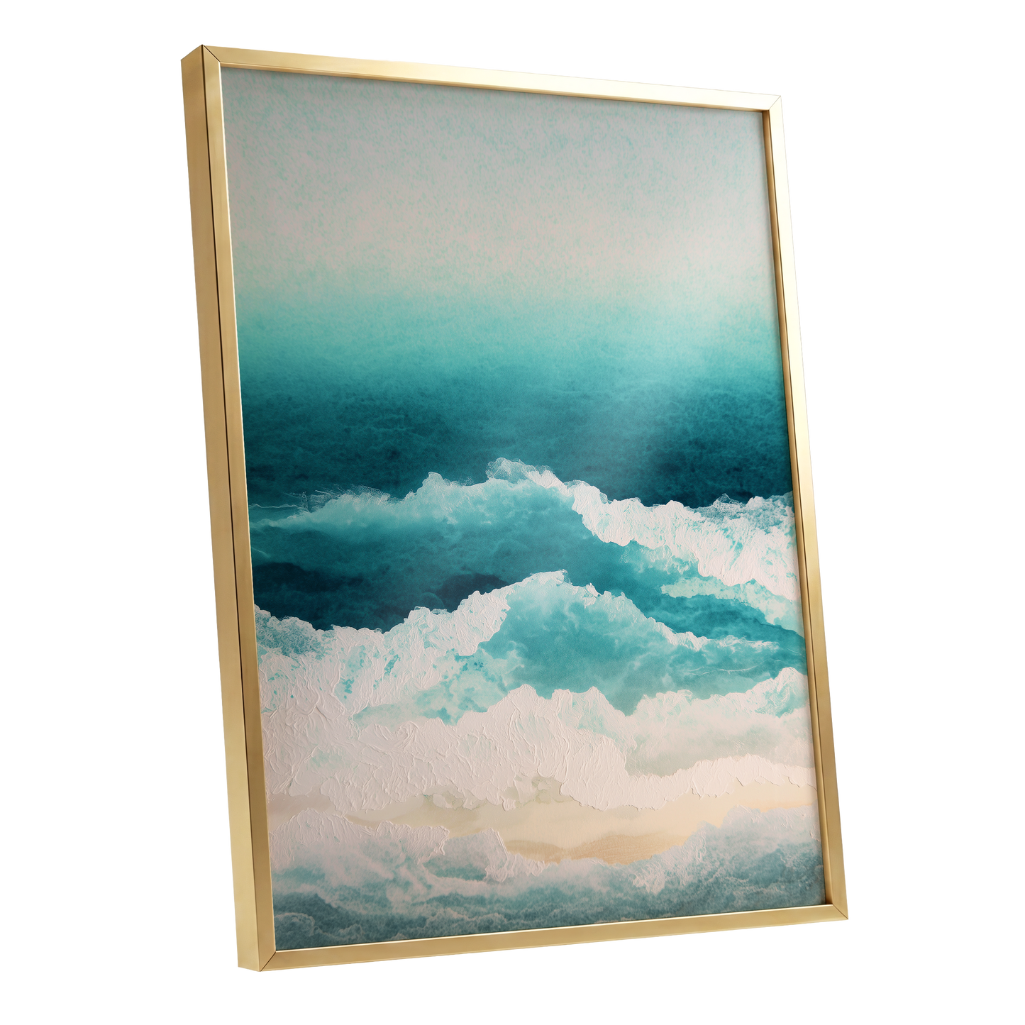 Tidal Veil, blue, green, white nature wall art shown as a gold framed poster wall art print