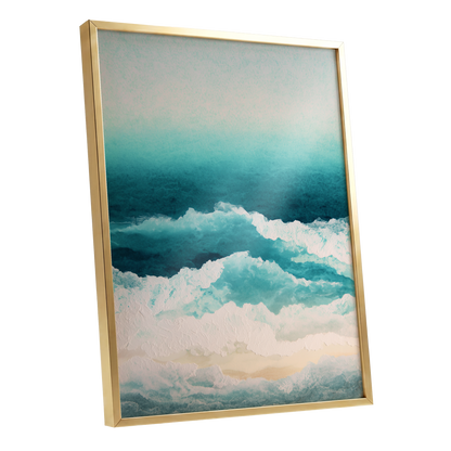 Tidal Veil, blue, green, white nature wall art shown as a gold framed poster wall art print