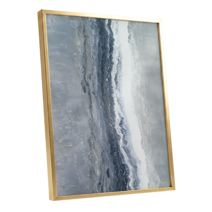 Tidal Veil, blue, gray, white abstract wall art shown as a gold framed poster wall art print