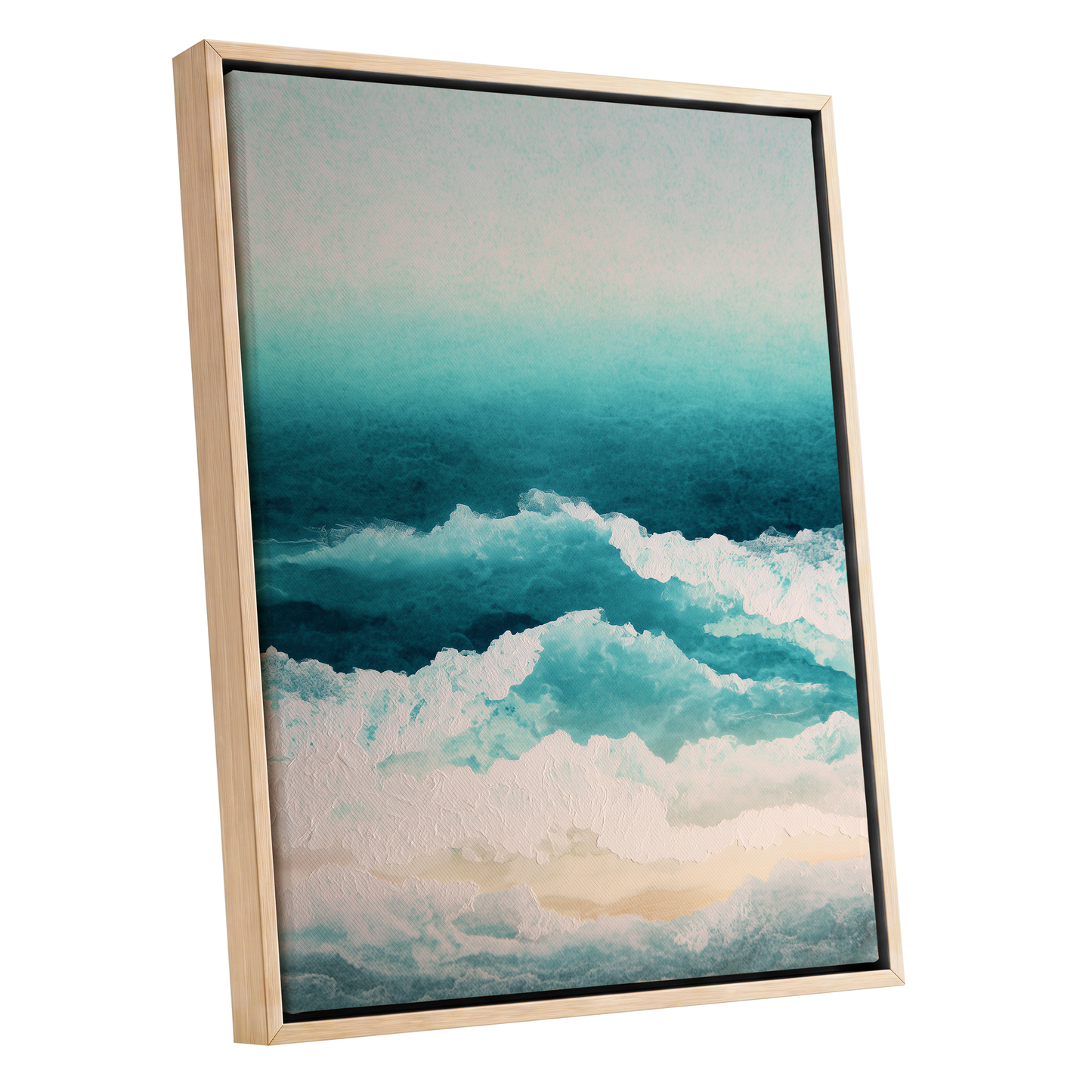 Tidal Veil, blue, green, white nature wall art shown as a oak framed canvas wall art