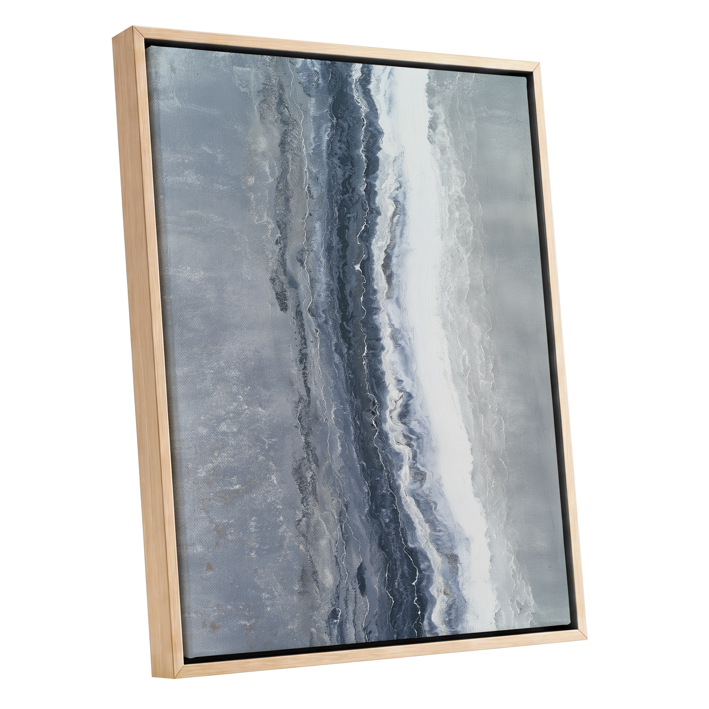 Tidal Veil, blue, gray, white abstract wall art shown as a oak framed canvas wall art