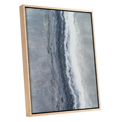 Tidal Veil, blue, gray, white abstract wall art shown as a oak framed canvas wall art