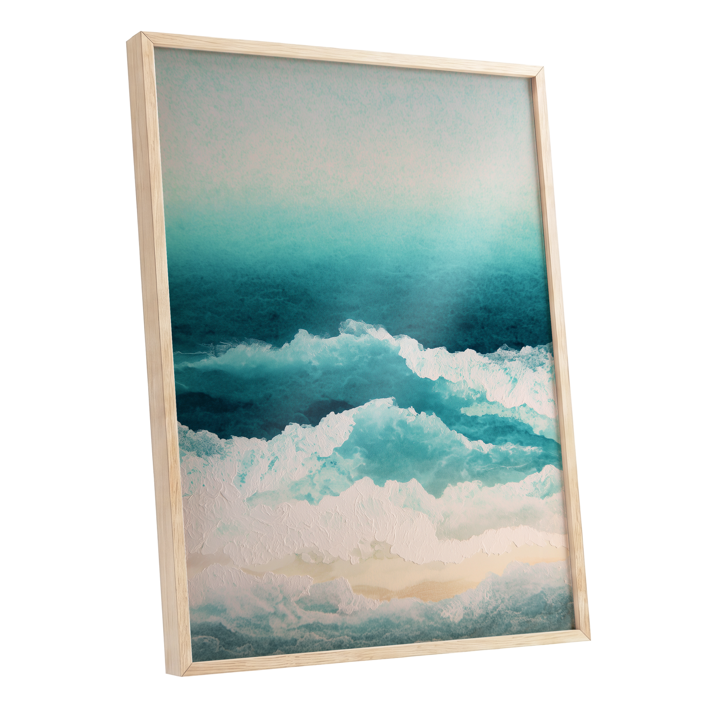 Tidal Veil, blue, green, white nature wall art shown as a oak framed poster wall art print