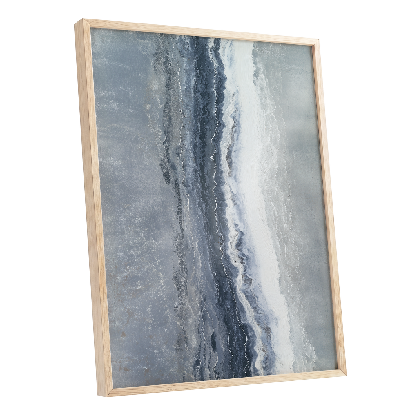 Tidal Veil, blue, gray, white abstract wall art shown as a oak framed poster wall art print