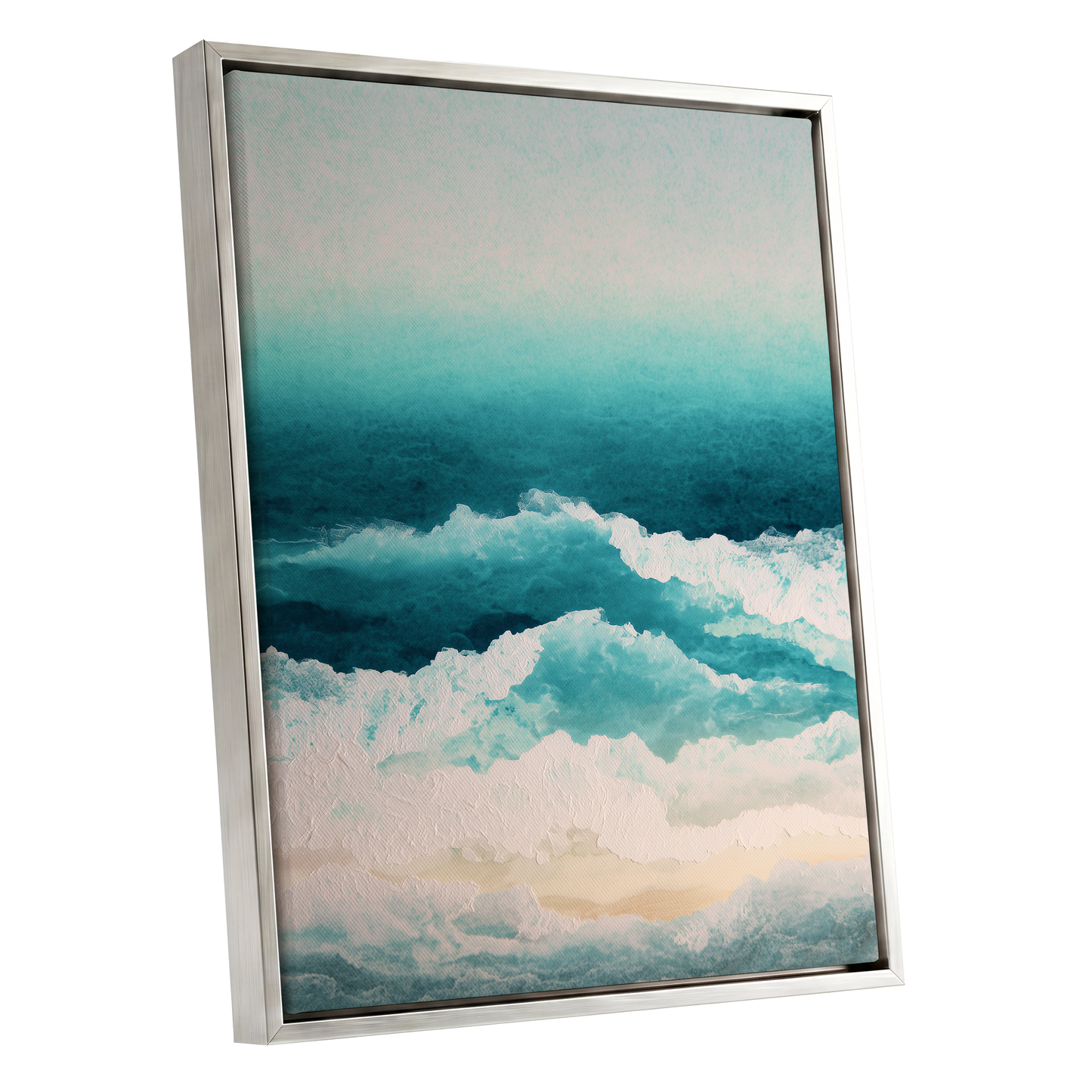 Tidal Veil, blue, green, white nature wall art shown as a silver framed canvas wall art