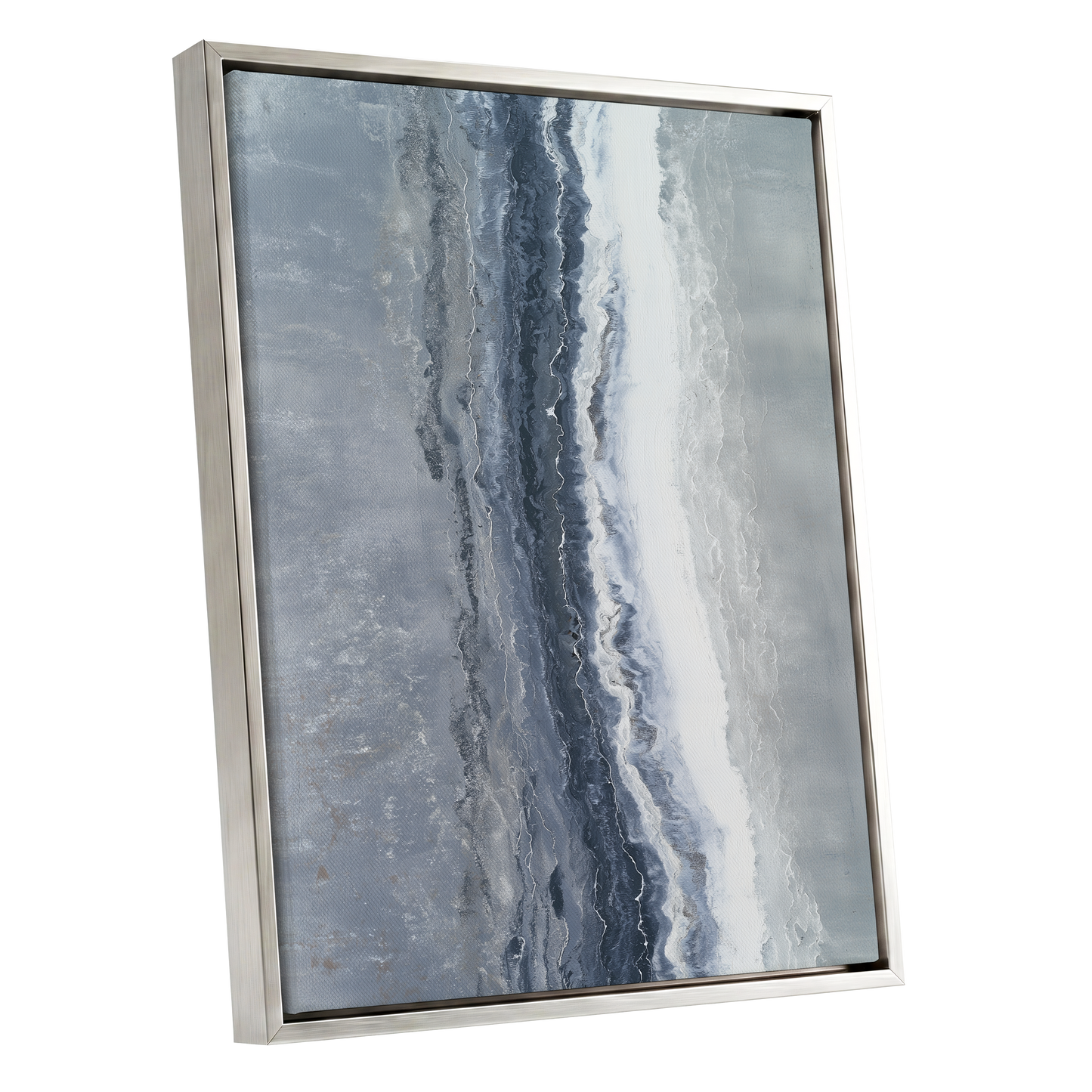 Tidal Veil, blue, gray, white abstract wall art shown as a silver framed canvas wall art