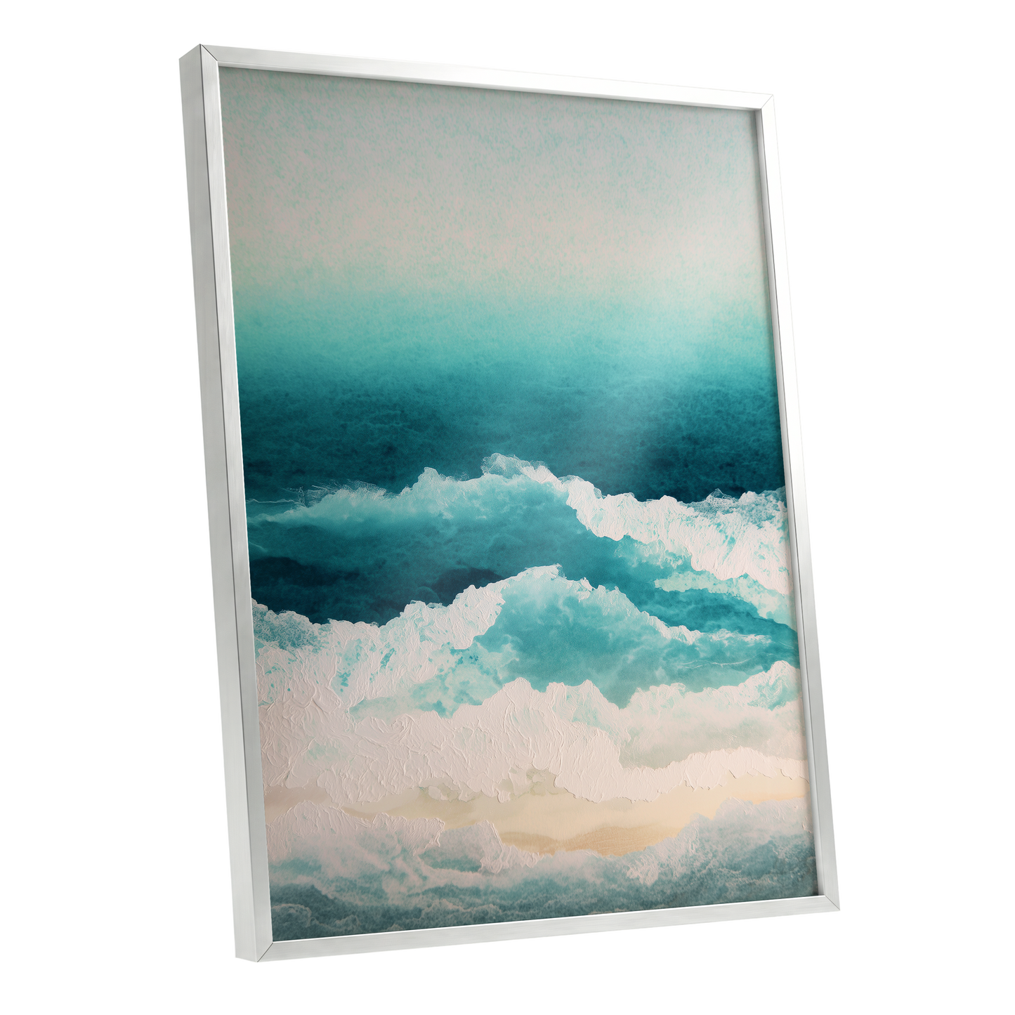 Tidal Veil, blue, green, white nature wall art shown as a silver framed poster wall art print