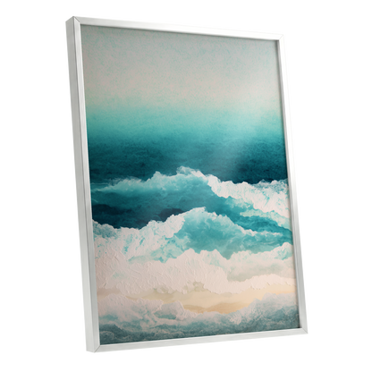 Tidal Veil, blue, green, white nature wall art shown as a silver framed poster wall art print