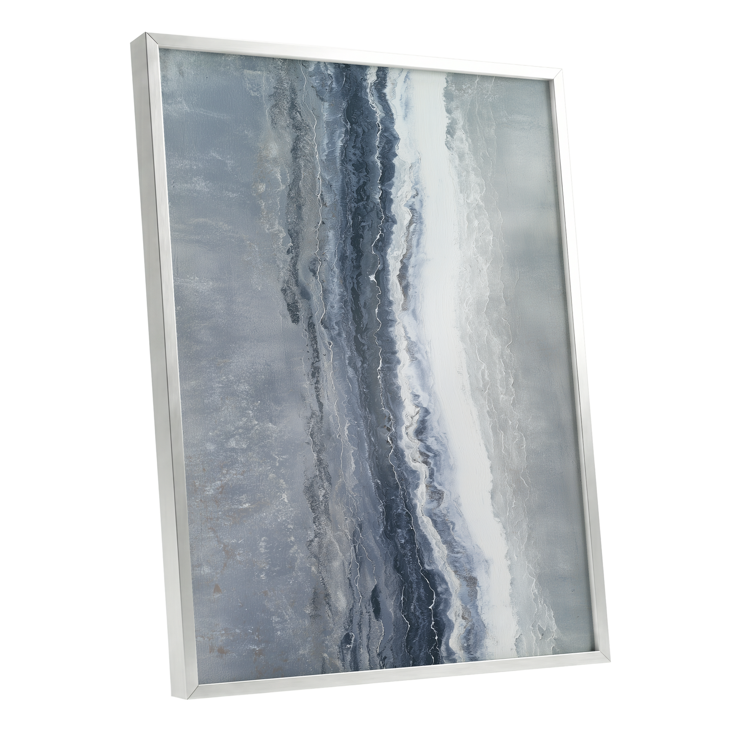Tidal Veil, blue, gray, white abstract wall art shown as a silver framed poster wall art print