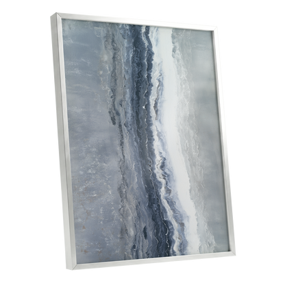 Tidal Veil, blue, gray, white abstract wall art shown as a silver framed poster wall art print