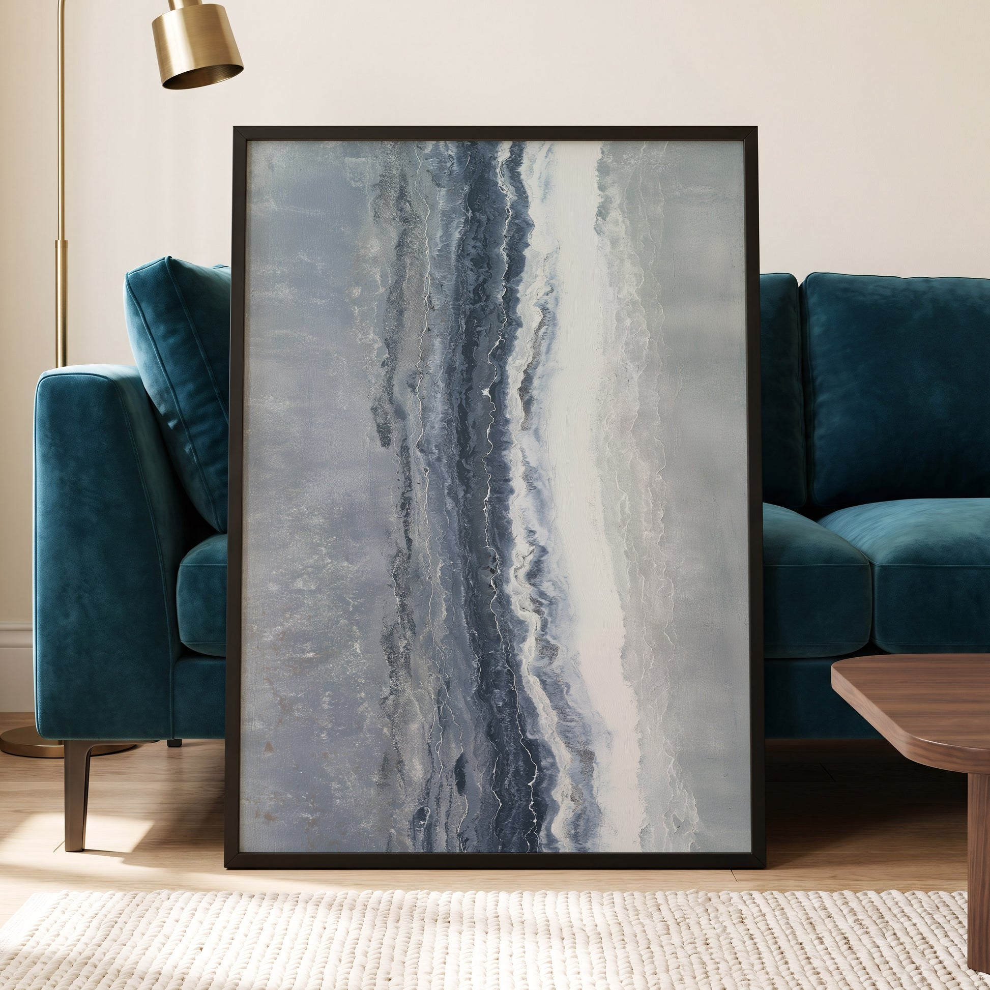 Tidal Veil, blue, gray, white abstract wall art displayed in a styled interior, gallery view 2