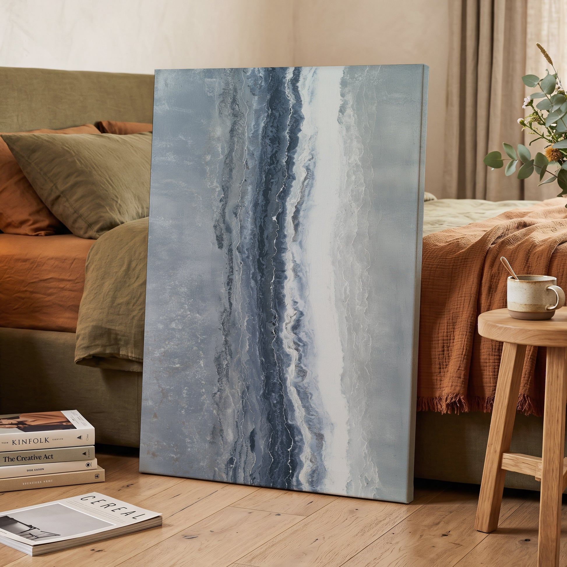 Tidal Veil, blue, gray, white abstract wall art displayed in a styled interior, gallery view 3