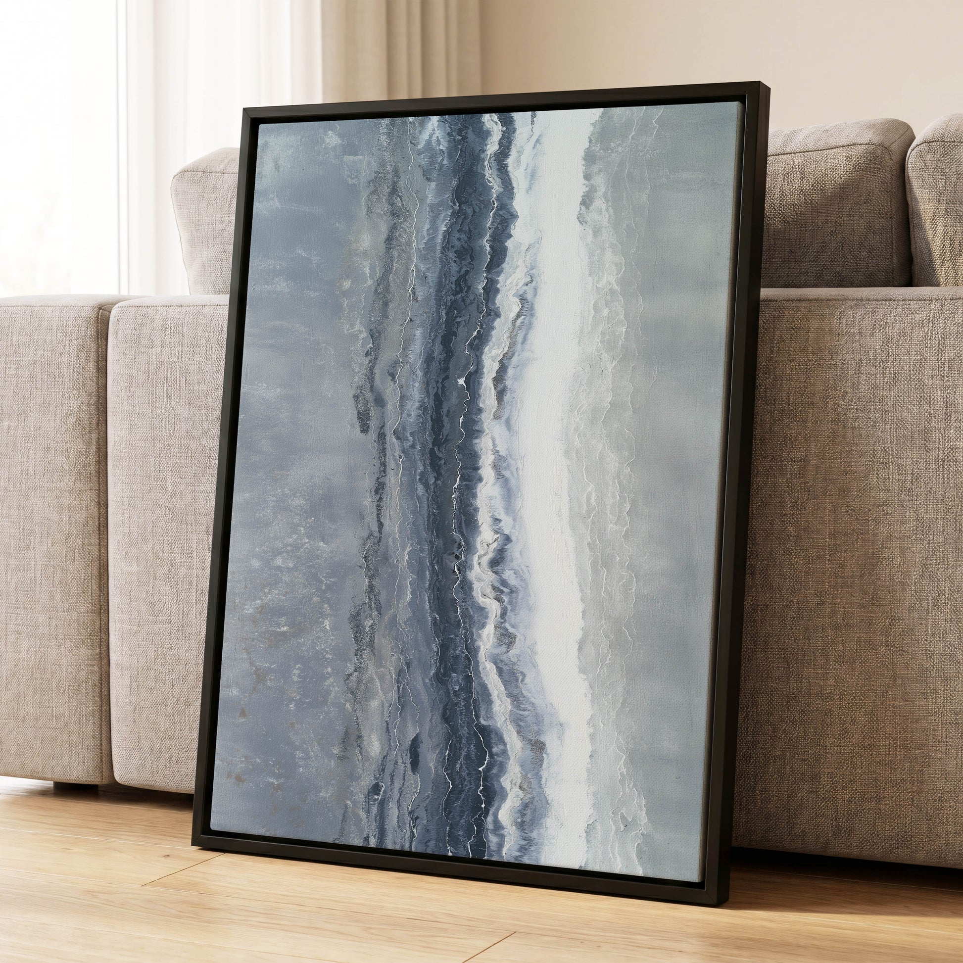 Tidal Veil, blue, gray, white abstract wall art displayed in a styled interior, gallery view 4