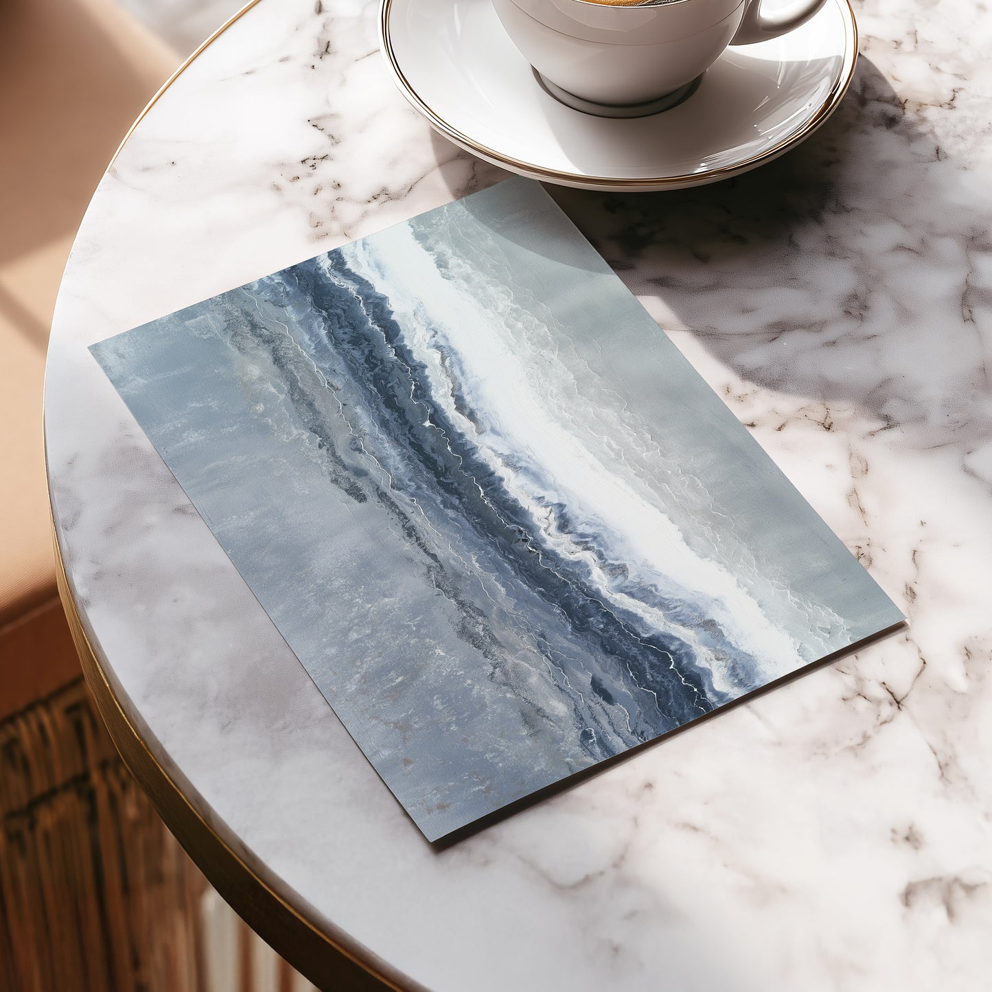 Tidal Veil, blue, gray, white abstract wall art displayed in a styled interior, gallery view 5