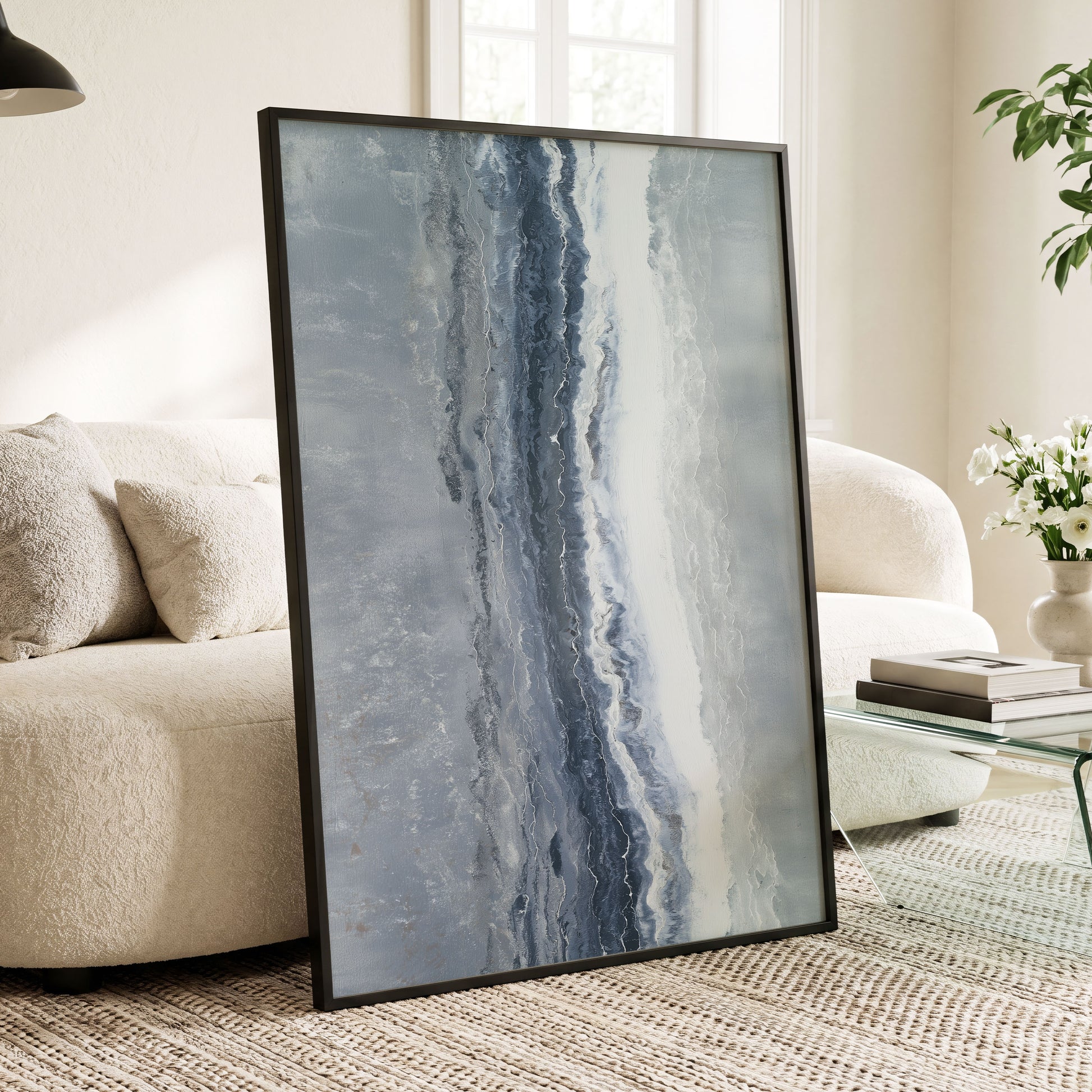 Tidal Veil, blue, gray, white abstract wall art displayed in a styled interior, gallery view 6