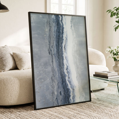 Tidal Veil, blue, gray, white abstract wall art displayed in a styled interior, gallery view 6