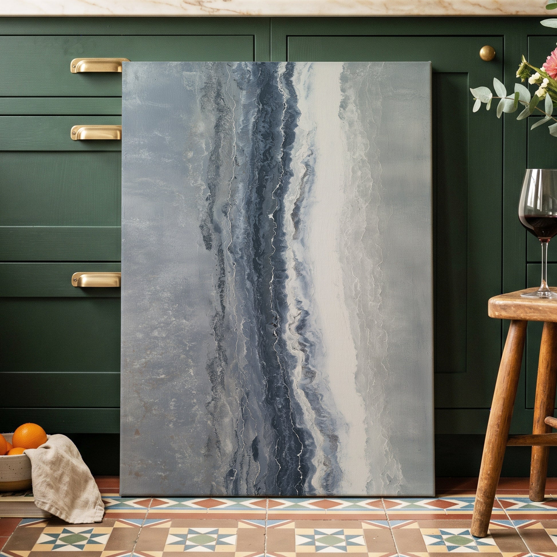 Tidal Veil, blue, gray, white abstract wall art displayed in a styled interior, gallery view 7