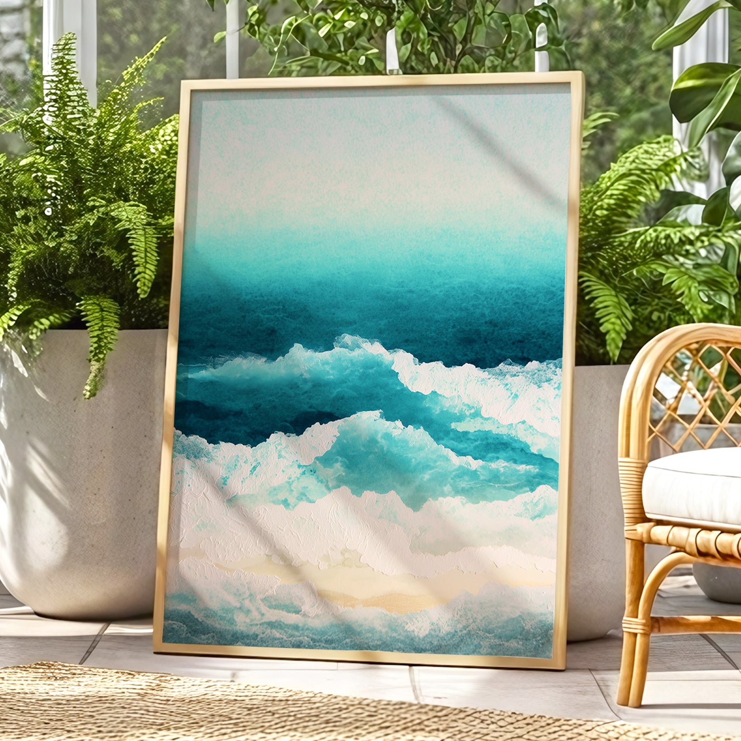 Tidal Veil, blue, green, white nature wall art displayed in a styled interior, gallery view 9