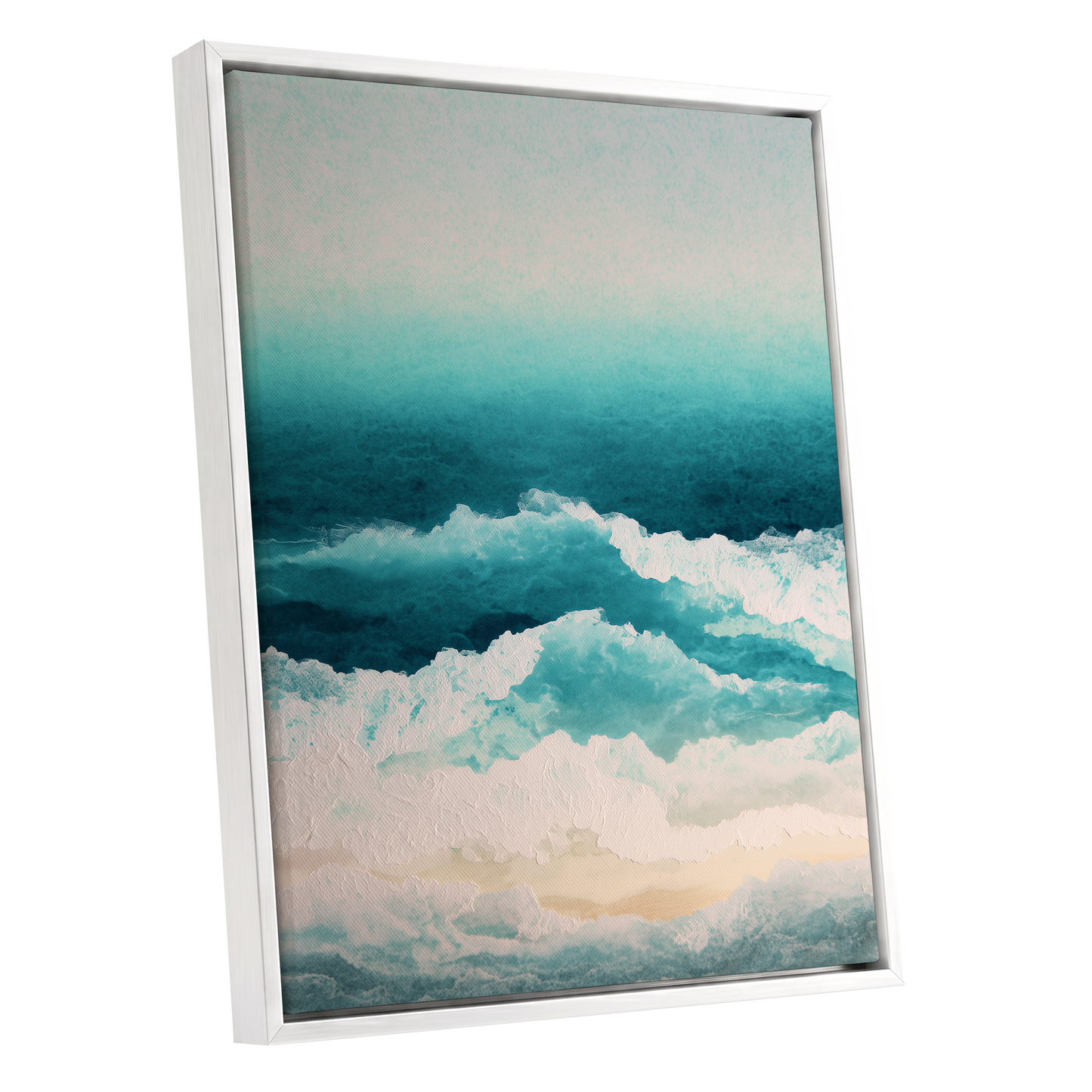 Tidal Veil, blue, green, white nature wall art shown as a white framed canvas wall art