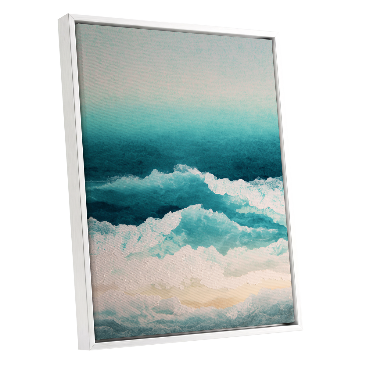 Tidal Veil, blue, green, white nature wall art shown as a white framed canvas wall art
