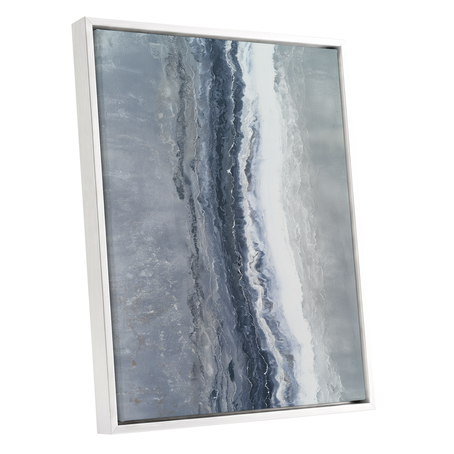 Tidal Veil, blue, gray, white abstract wall art shown as a white framed canvas wall art
