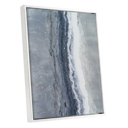 Tidal Veil, blue, gray, white abstract wall art shown as a white framed canvas wall art