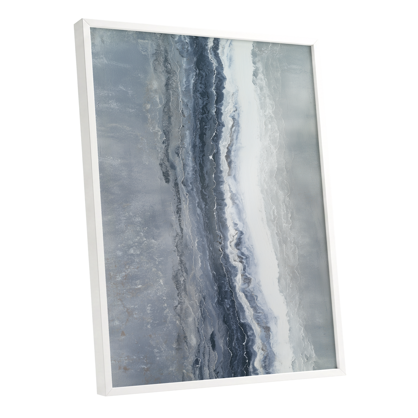 Tidal Veil, blue, gray, white abstract wall art shown as a white framed poster wall art print