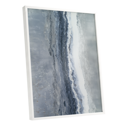 Tidal Veil, blue, gray, white abstract wall art shown as a white framed poster wall art print