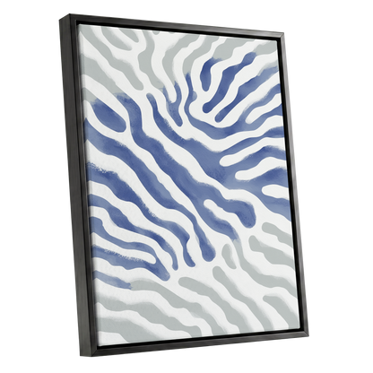 Tidal Veins, white, blue, gray abstract wall art shown as a black framed canvas wall art