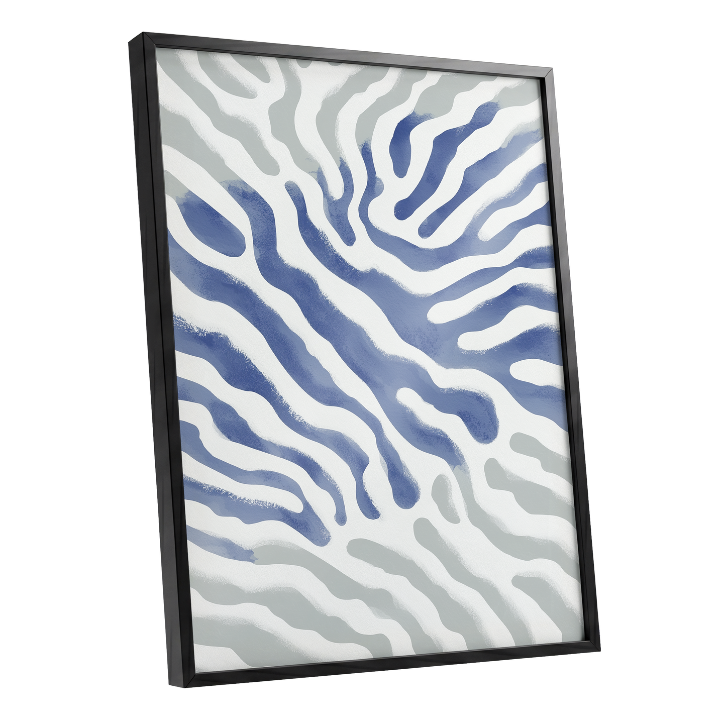 Tidal Veins, white, blue, gray abstract wall art shown as a black framed poster wall art print