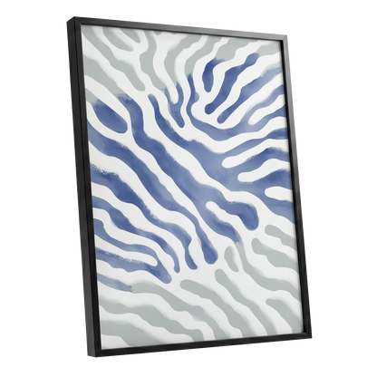Tidal Veins, white, blue, gray abstract wall art shown as a black framed poster wall art print